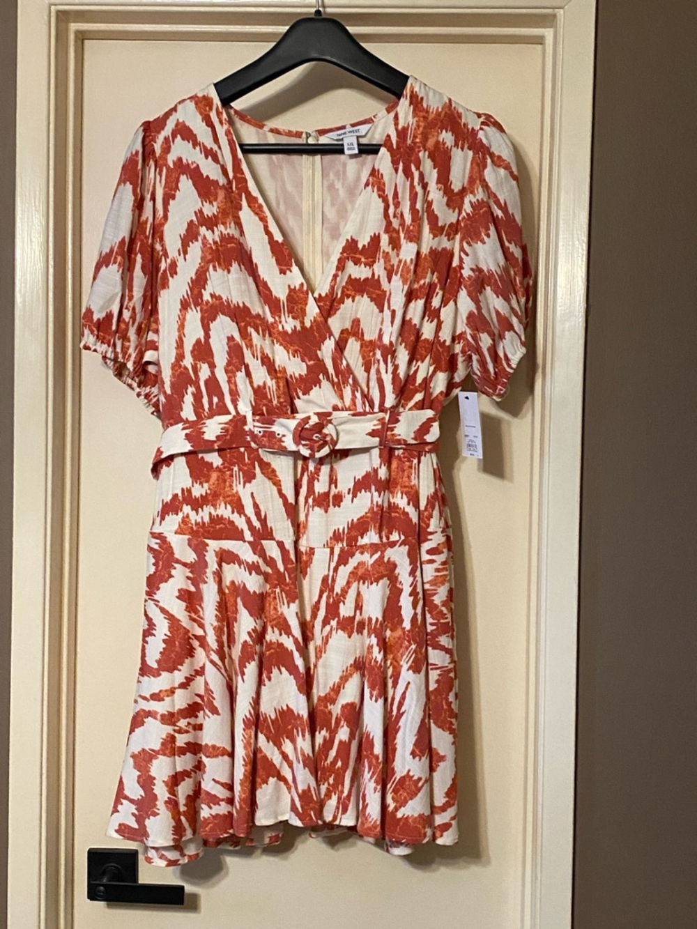 Nine West Cream and Orange Abstract V‑Neck Belted Mini Dress